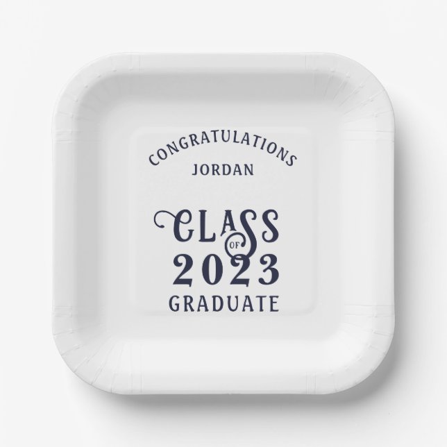 Graduation Navy Blue Class Year Congrats Name Paper Plate (Front)