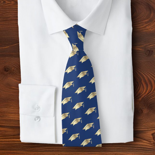 Graduation Navy Blue Gold Foil Cap Icon Pattern Tie (Creator Uploaded)