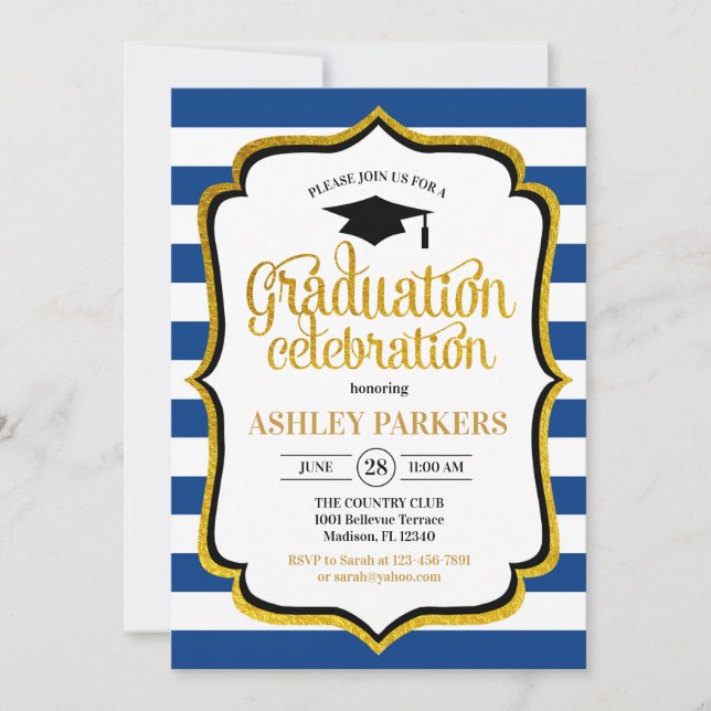Graduation - Navy Blue Gold White Invitation (Front)