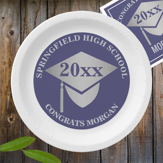Graduation Navy Blue Silver Decorative Party Paper Plate (Creator Uploaded)