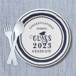 Graduation Navy Blue Year Congrats Name Paper Plate<br><div class="desc">Celebrate and congratulate your graduate with personalised, custom graduation party or open house paper plates featuring your custom text (shown with CONGRATULATIONS NAME) and CLASS OF YEAR GRADUATE in retro decorative typography and school name or other custom text. All text, the graduation cap graphic and background colours are editable to...</div>
