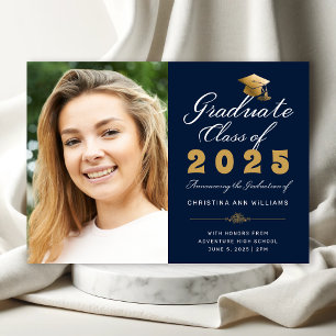 Graduation Navy Gold Script  Class of 2025 Photo Announcement