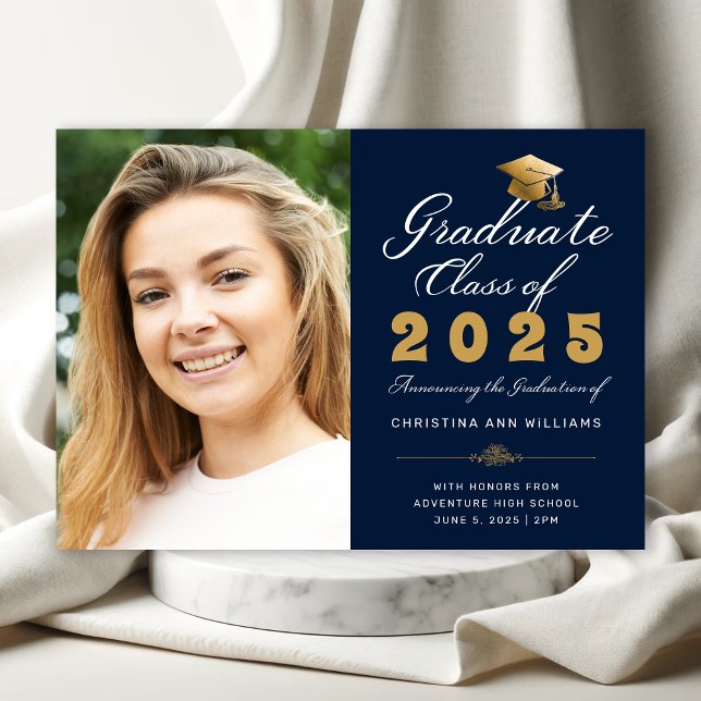 Graduation Navy Gold Script  Class of 2025 Photo Announcement (Elegant Navy Blue Photo Graduation Announcement with Gold and White Calligraphy)