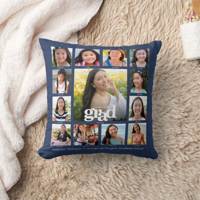 Graduation Navy K–12 Bold Modern Photo Collage Cushion (Blanket)