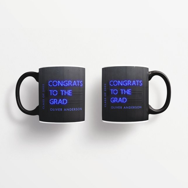 Graduation neon black blue congrats modern stylish coffee mug (Creator Uploaded)