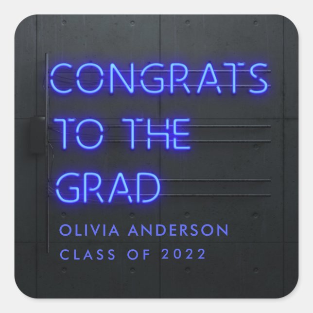 Graduation neon blue typography modern congrats  square sticker (Front)