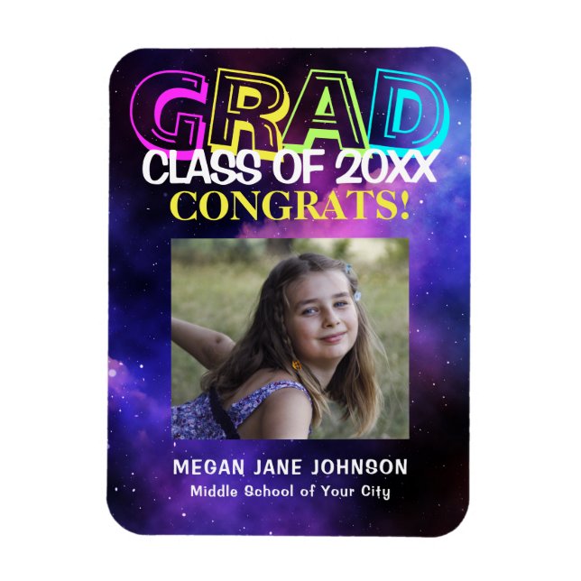Graduation neon glow middle school grad photo magnet (Vertical)