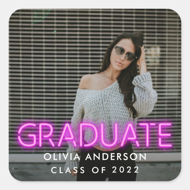 Graduation neon pink photo modern congrats square  sticker (Front)