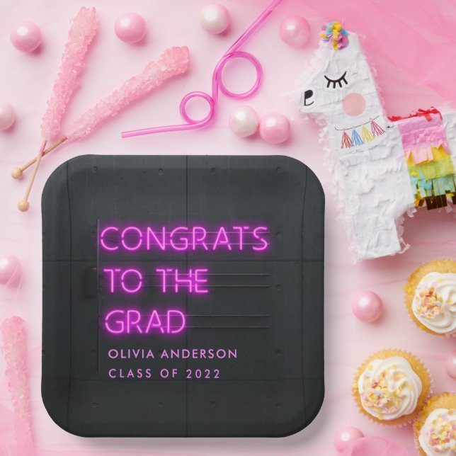 Graduation neon pink typography modern congrats paper plate (Party)