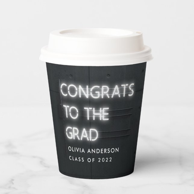 Graduation neon white typography modern congrats paper cups (Front)