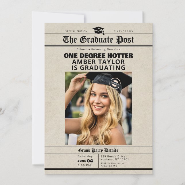 Graduation Newspaper “One Degree Hotter” Photo Invitation (Front)