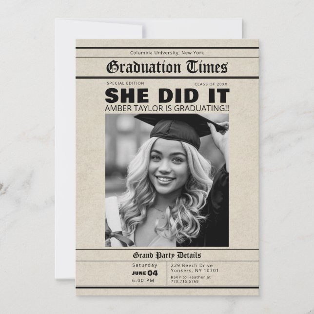 Graduation Newspaper She Did It B&W Photo Invitation (Front)