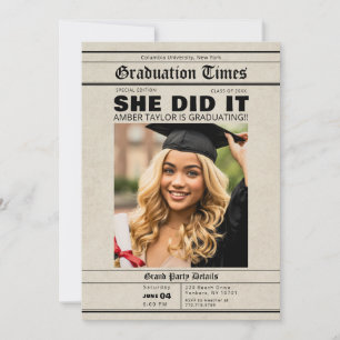 Graduation Newspaper She Did It Photo Invitation
