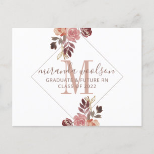 Graduation Nurse Monogram Floral  Announcement Pos