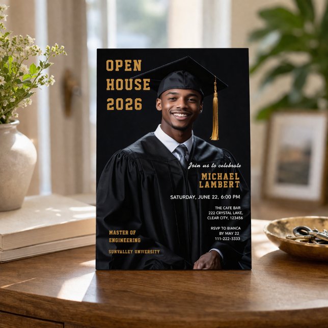 Graduation Open House Photo Invite 2026 (Open house graduation invitation with photo in modern black and gold design)