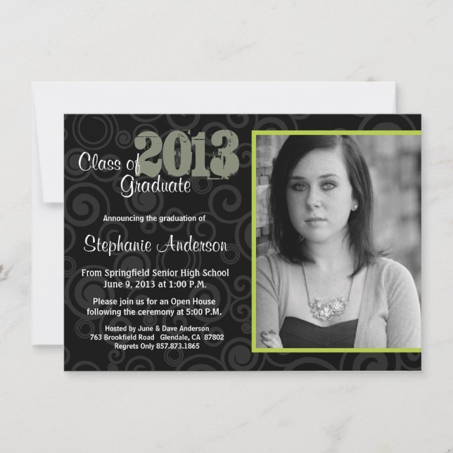 Graduation Open House Retro Swirls Green Invite (Front)