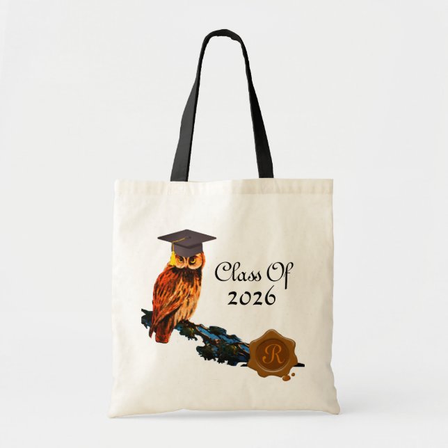 GRADUATION OWL  AND BROWN WAX SEAL MONOGRAM TOTE BAG (Front)