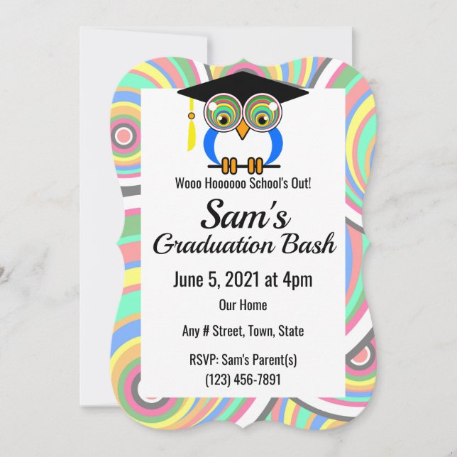 Graduation Owl -  Fun, Colourful, Celebration  Inv Invitation (Front)