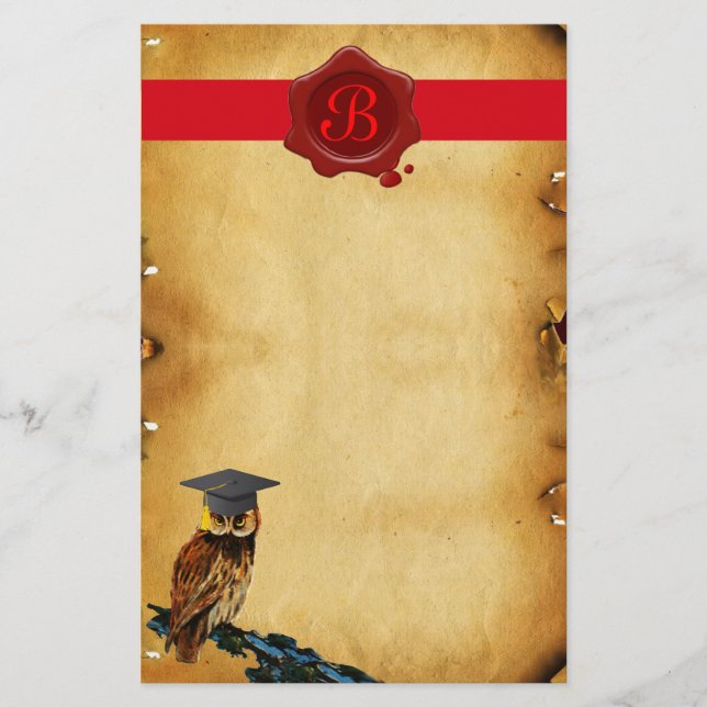 GRADUATION OWL PARCHMENT RED WAX SEAL MONOGRAM STATIONERY (Front)