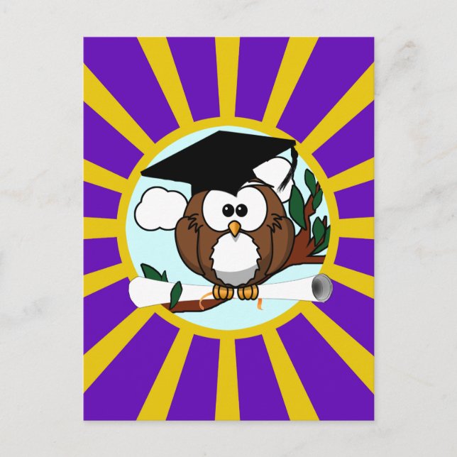 Graduation Owl Purple And Gold School Colours Announcement Postcard (Front)