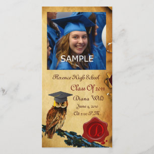 GRADUATION OWL RED BROWN WAX SEAL MONOGRAM ANNOUNCEMENT