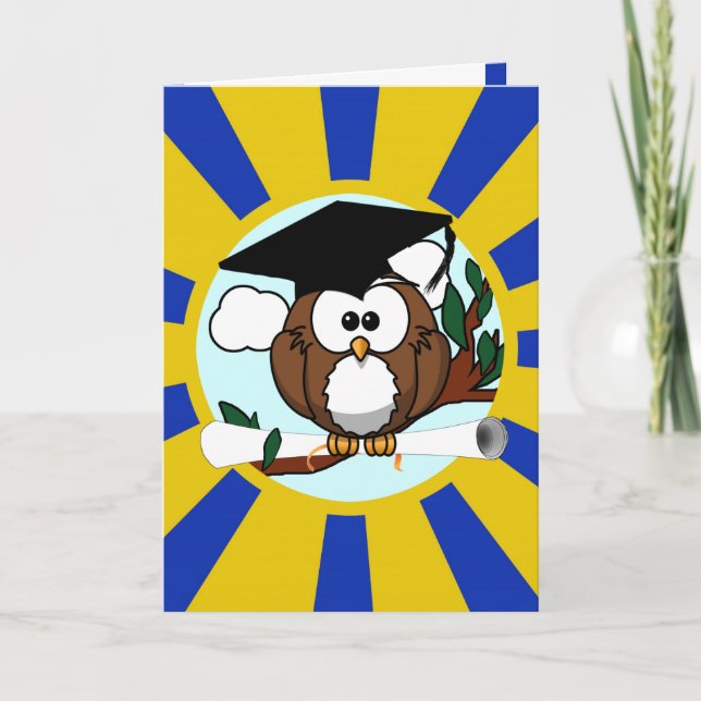 Graduation Owl With Blue And Gold School Colours Card (Front)