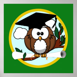 Graduation Owl With Cap & Diploma - Green and Gold Poster
