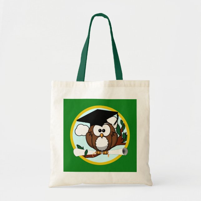 Graduation Owl With Cap & Diploma - Green and Gold Tote Bag (Front)