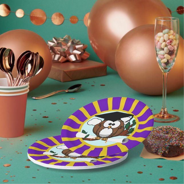 Graduation Owl With Purple And Gold School Colours Paper Plate (Multi)