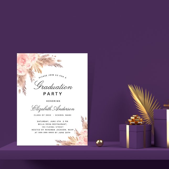 Graduation pampas grass rose budget invitation flyer (Creator Uploaded)