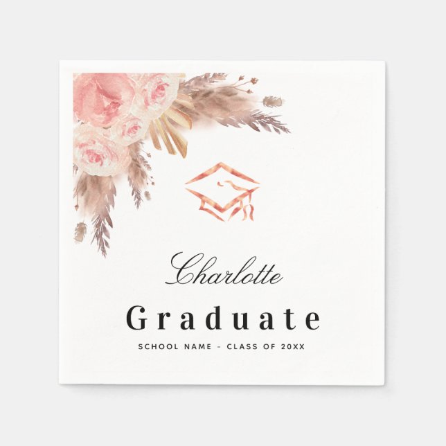 Graduation pampas grass rose gold blush floral cap napkin (Front)