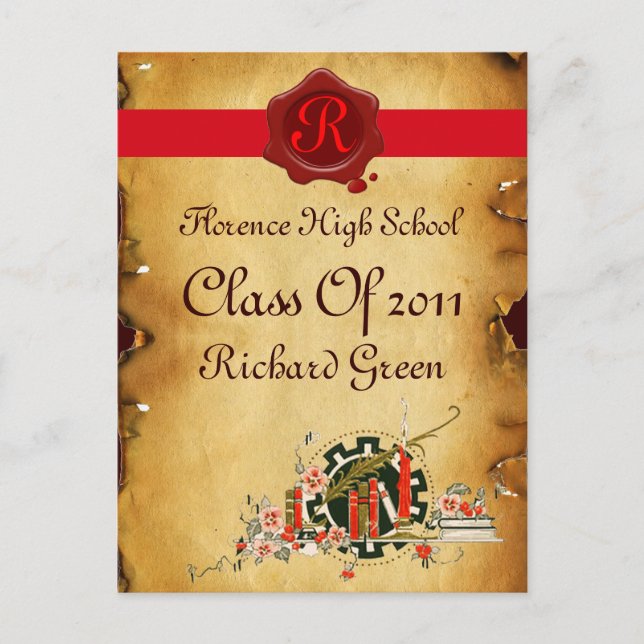 GRADUATION PARCHMENT AND RED WAX SEAL MONOGRAM INVITATION POSTCARD (Front)
