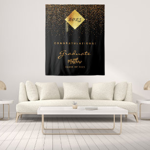 Graduation party 2023 black gold confetti graduate tapestry