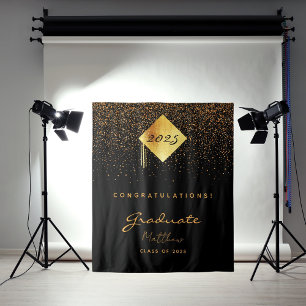 Graduation party 2023 black gold confetti graduate tapestry