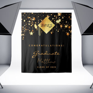 Graduation party 2023 black gold stars graduate tapestry