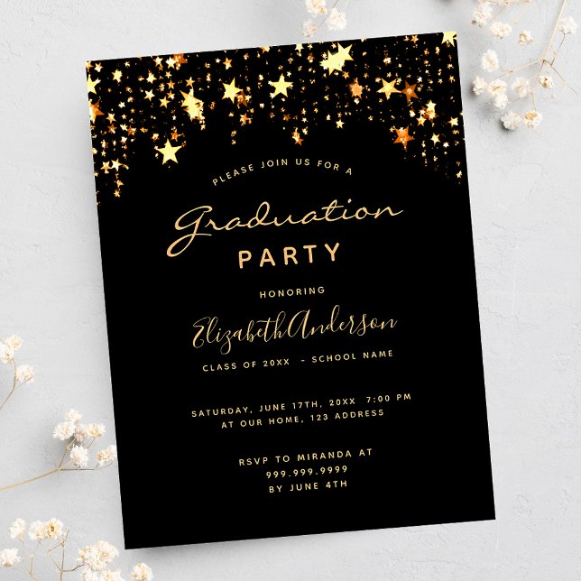 Graduation party 2024 black gold stars postcard (Creator Uploaded)