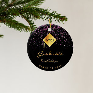 Graduation party 2025 graduate black purple gold ceramic ornament