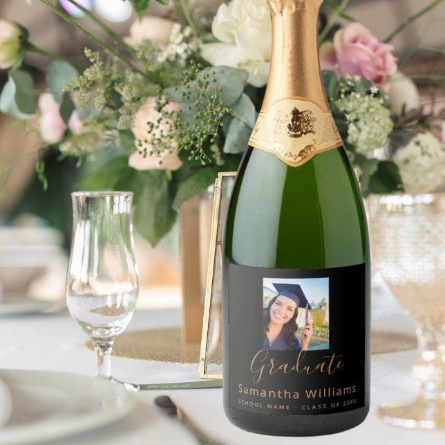 Graduation party 2025 photo black gold  sparkling wine label (Creator Uploaded)