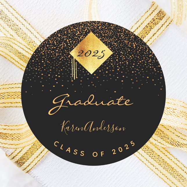 Graduation party 2026 graduate black gold cap classic round sticker (Creator Uploaded)