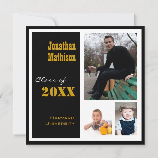 Graduation Party 3 Photo black Invitation (Front)