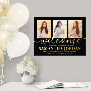 Graduation Party 3 Photo Welcome Black and Gold Foil Prints