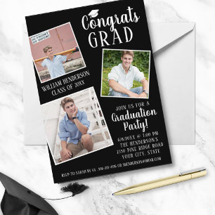 Graduation Party 3 Photos Editable Colour Stripes Invitation
