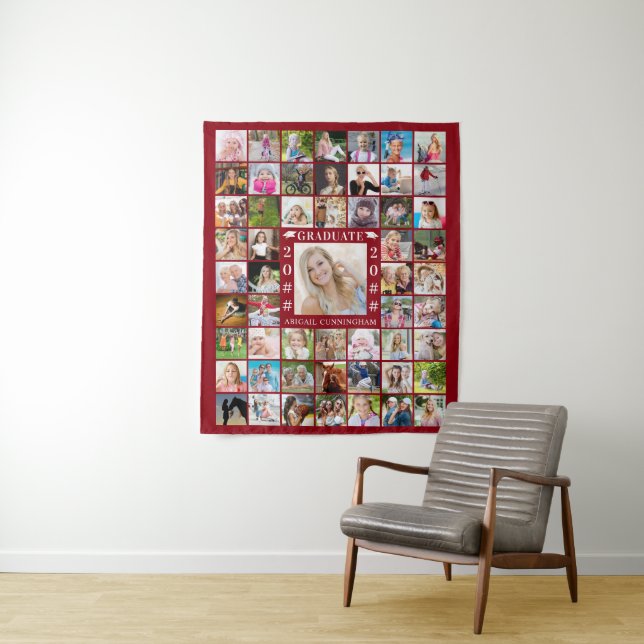 Graduation Party 55 Photo Red Collage Backdrop Tapestry (In Situ)