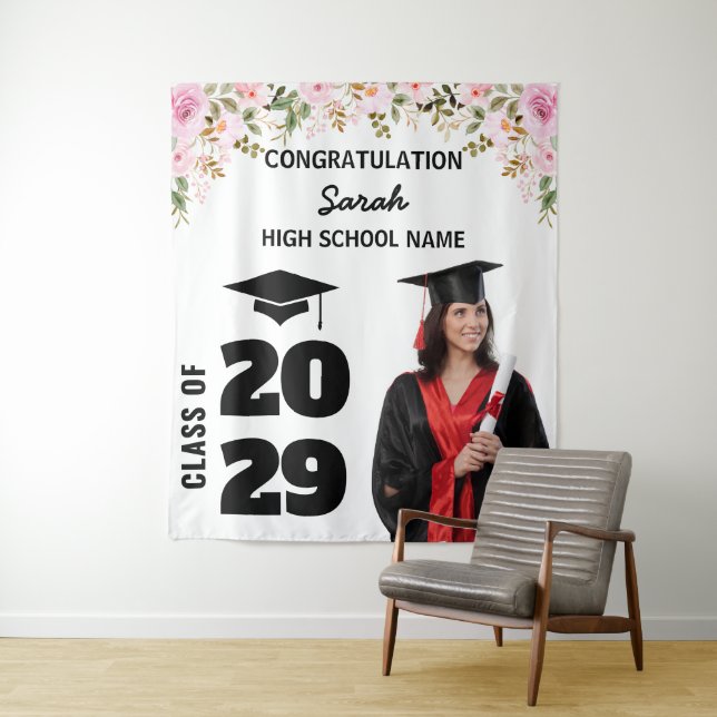 Graduation Party Backdrop Custom Photo & Floral Tapestry (In Situ)