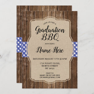 Graduation Party BBQ Invite Blue Gingham Burlap