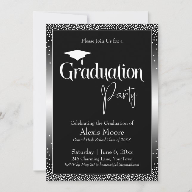Graduation Party Black and White Ombre Confetti Invitation (Front)