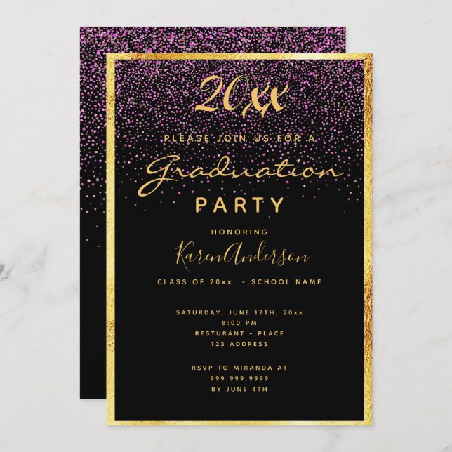 Graduation party black confetti gold invitation (Front/Back)