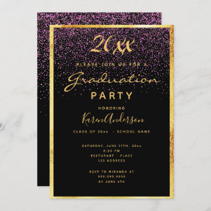 Graduation party black confetti gold invitation
