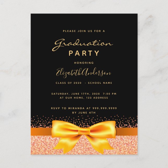 Graduation party black gold bow invitation postcard (Front)