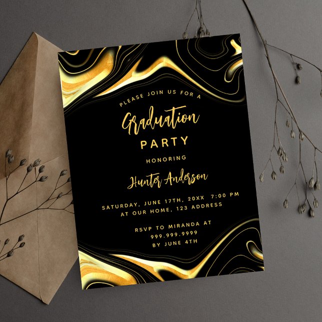 Graduation party black gold budget invitation flyer (Creator Uploaded)